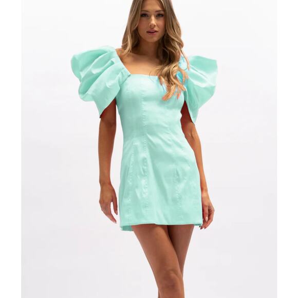 Aureta Studio Lisette Dress Size M Mint Puff Sleeve Mini Structured Statement - Picture 1 of 12